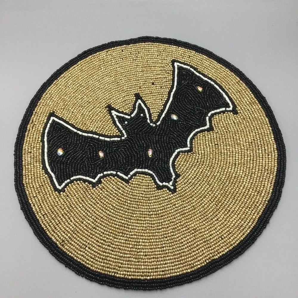 4pc Tahari Halloween Beaded Placemat Set Bat Pumpkin Spiderweb Spider Gold Black